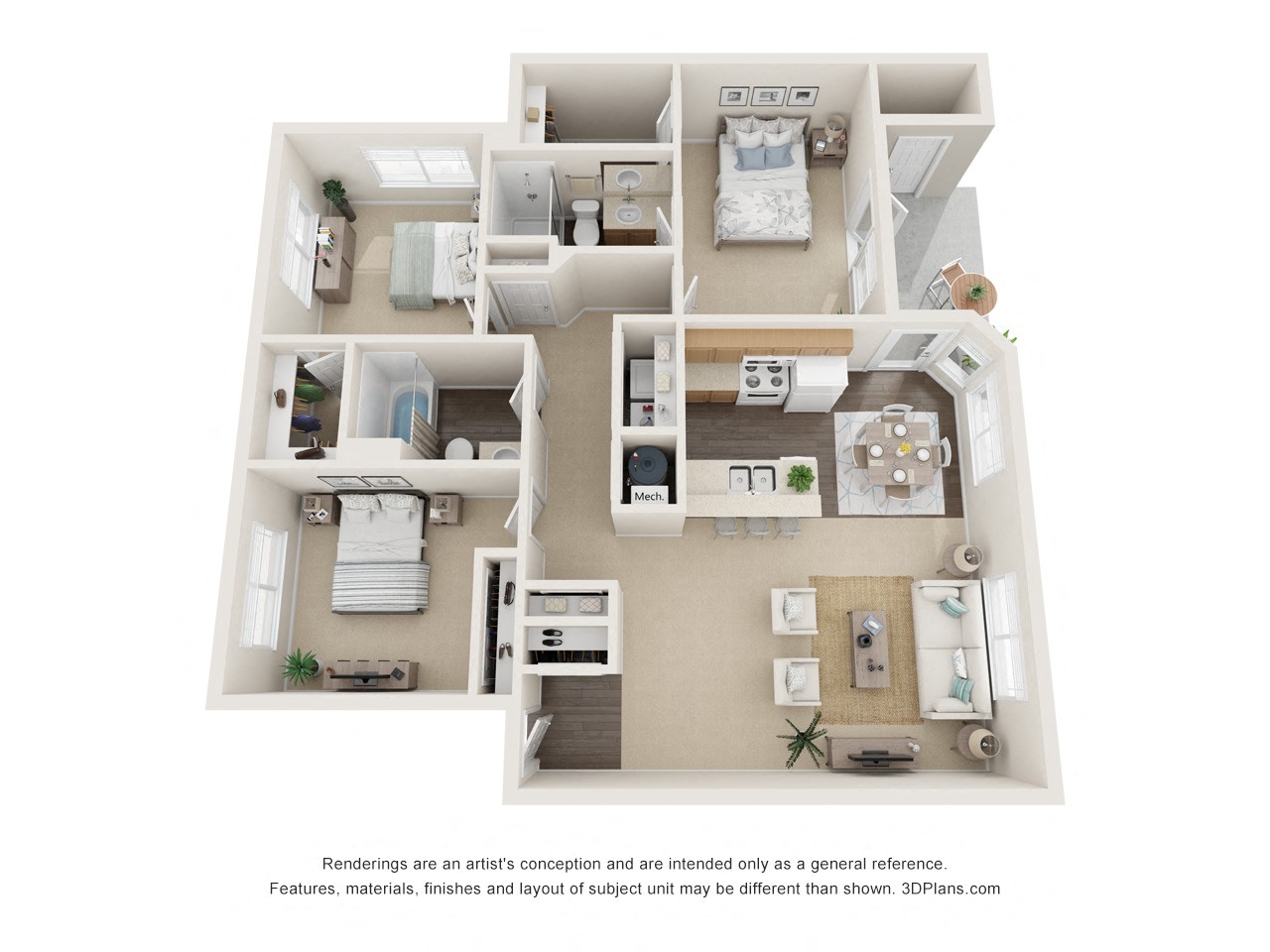 Floor plan for 3 beds, 2 baths